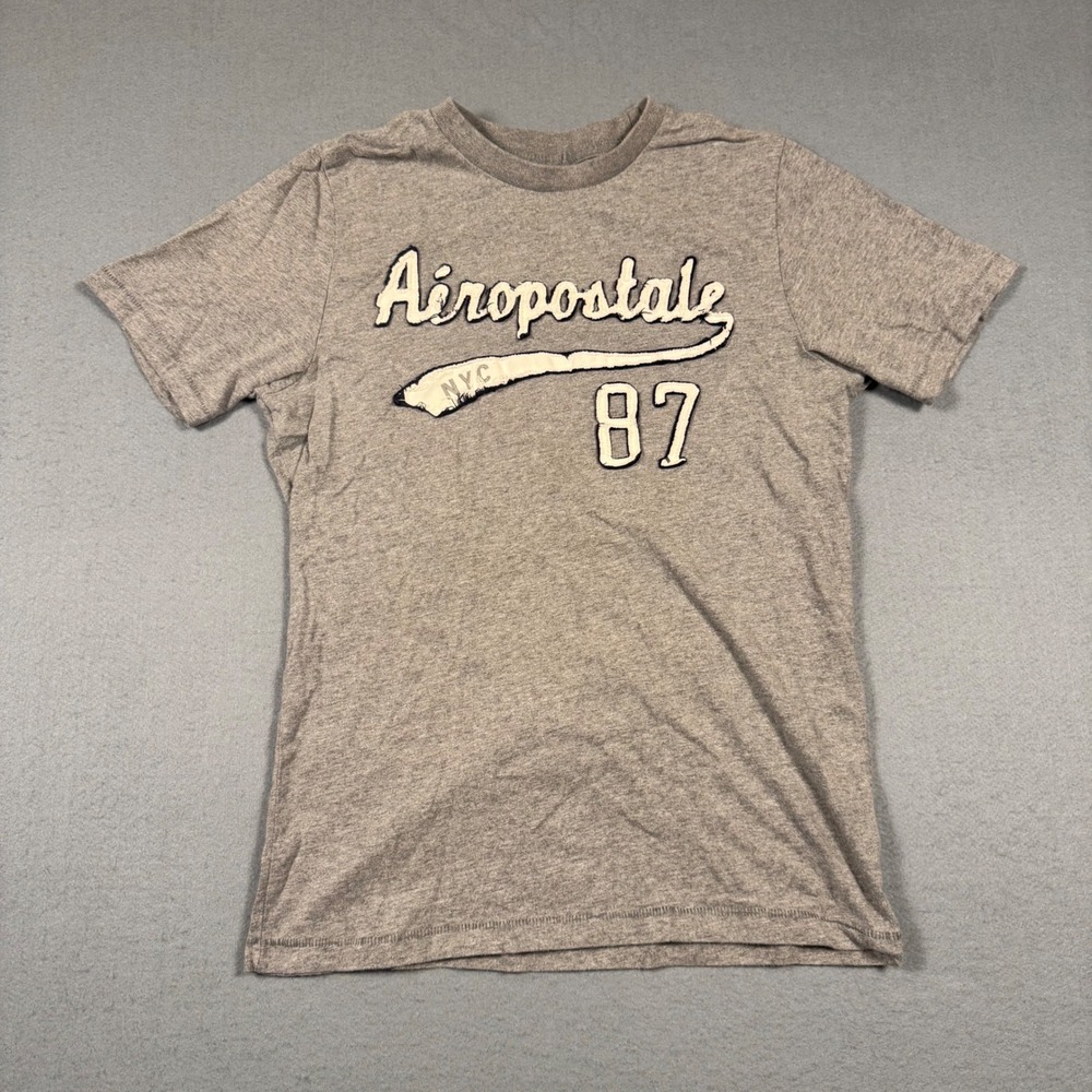 Aeropostale Mens Graphic Tee Gray Short Sleeve Varsity Applique 87 NYC Cotton M‎